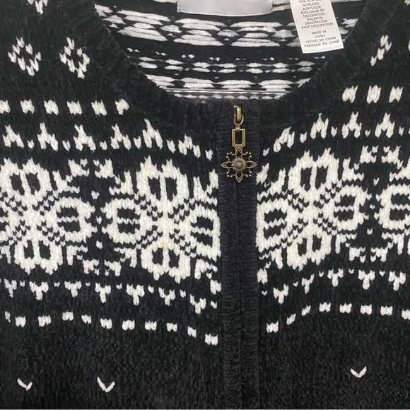 Vtg Alfred Dinner Black Chenille Snowflake Ice Skating Zip Up Sweater - Picture 3 of 7